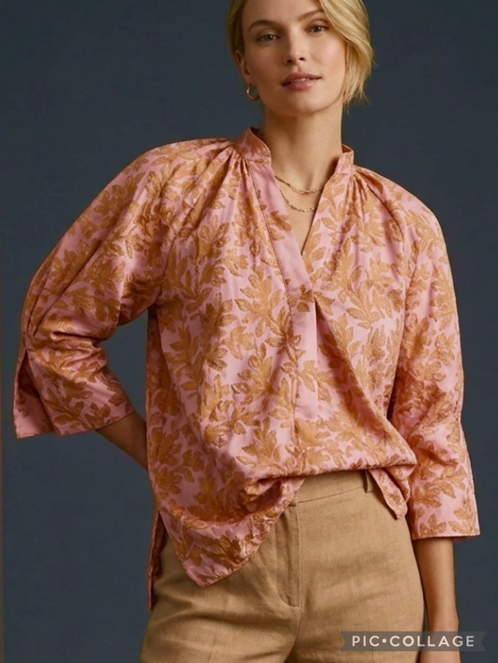 Anthropologie Floral Leaf Applique Top Pink Tan Popover Oversized XS Boho